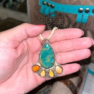 Genuine Turquoise, spiny oyster and Genuine Sterling Silver necklace